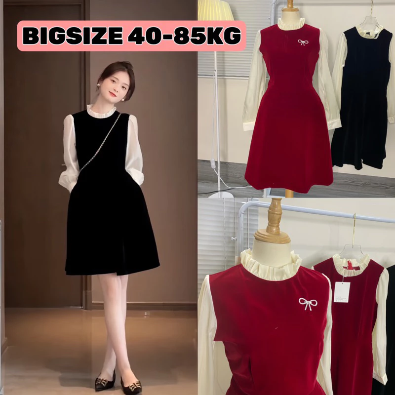 Váy Nhung Tiểu Thư Cổ Ren BIGSIZE Phối Tay Voan Tơ Mềm Siêu Xinh