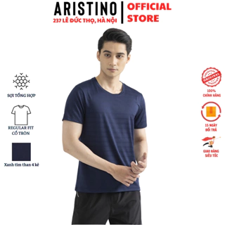 Áo thun nam ngắn tay Aristino T-shirt cộc tay chất phông polyester dáng suông nhẹ cổ tròn màu xanh than kẻ chìm ATS033S2
