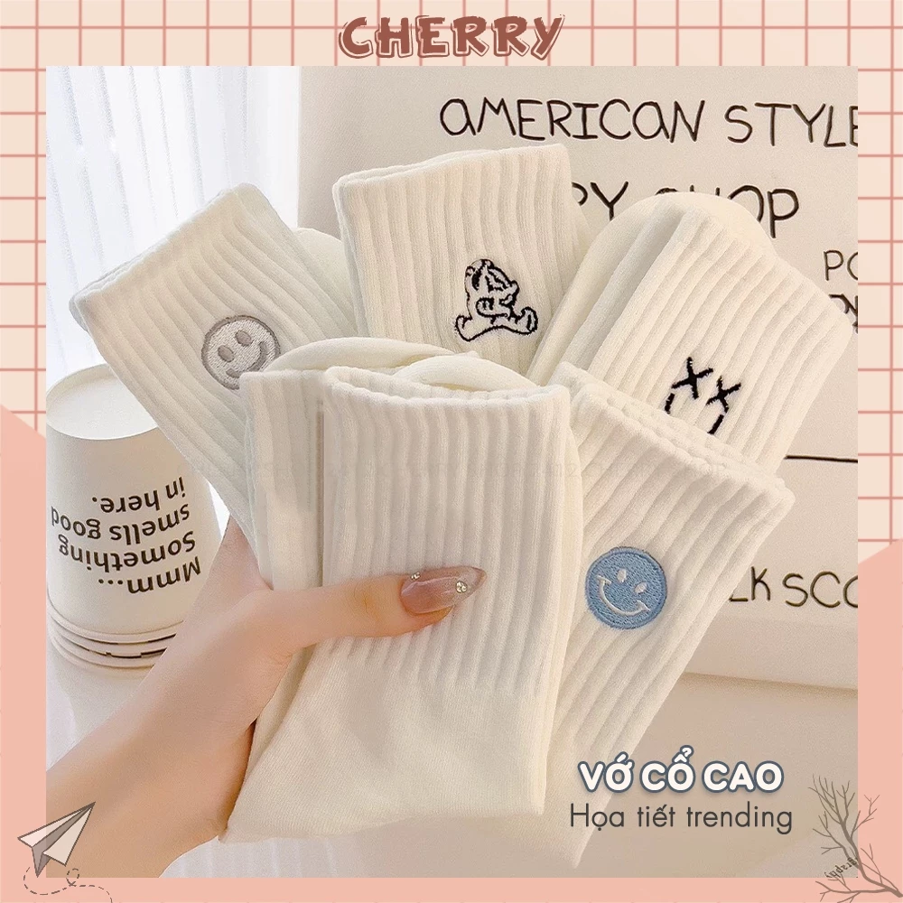 Tất cổ cao nữ chất liệu cotton, họa tiết hình thêu dễ thương - Cherry Shop