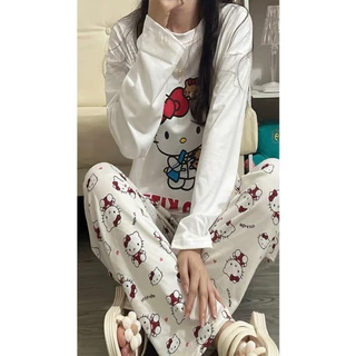 Quần dài mặc nhà dáng rộng,quần ngủ chất cotton in hoạ tiết kitty siêu dễ thương hottrend Hàn