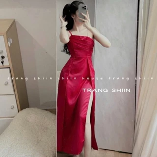 Đầm Nữ tuyết nhung 2 dây  kiểu dáng dài sẻ 1 bển cao quyến rũ sexy đầm dự tiệc sang chảnh