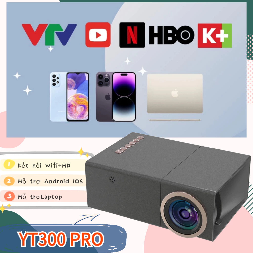 Máy chiếu mini WiFi YT300Pro HD phù hợp sử dụng tại nhà và văn phòng, hỗ trợ Android/iPhone/Laptop