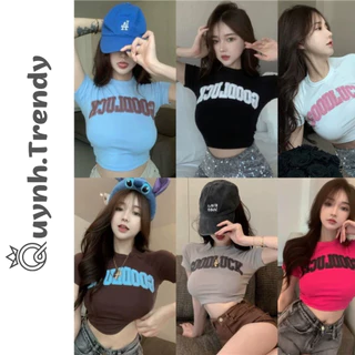 Áo Croptop Nữ Ôm Body Goodluck Cổ Tròn Tay Ngắn, Áo Thun Croptop Nữ Chất Borip Mềm Quynh Trendy A60