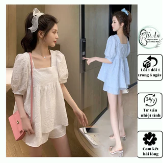 Bộ Bầu babydoll Ki An cổ vuông tay bồng điệu đà chất đũi xốp cao cấp siêu mát bộ bầu mùa hè có chun chỉnh bụng