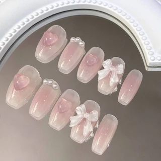 Nail box móng úp giả C008 form thang dài tone hồng nơ, trái tim nữ tính đẩu uyn