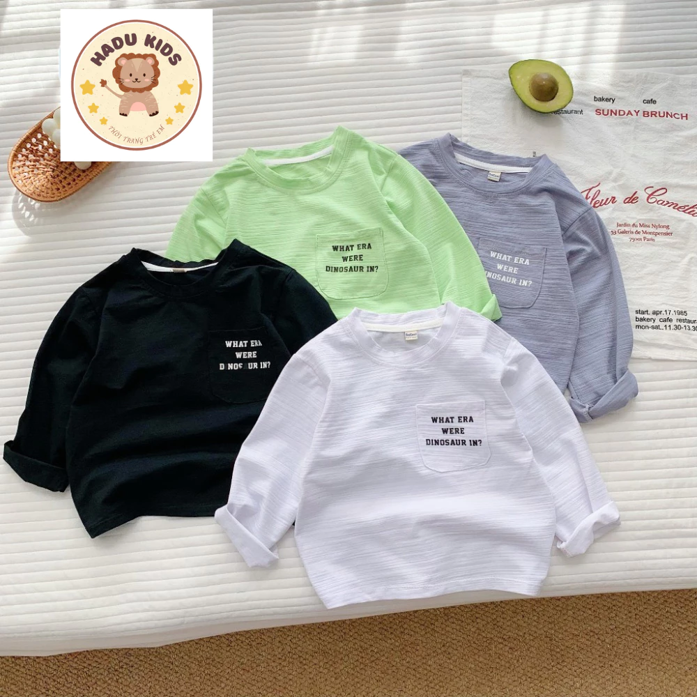 Áo phông dài tay cho bé, áo thu đông bé trai bé gái cotton xước, co giãn IN TÚI CHỮ dễ thương - HADU KIDS 8-28kg