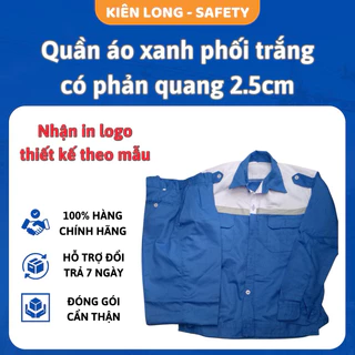 Quần áo bảo hộ lao động, quần áo vải kaki 2/1, vải xanh phối trắng, có phản quang, dày dặn và thoáng mát