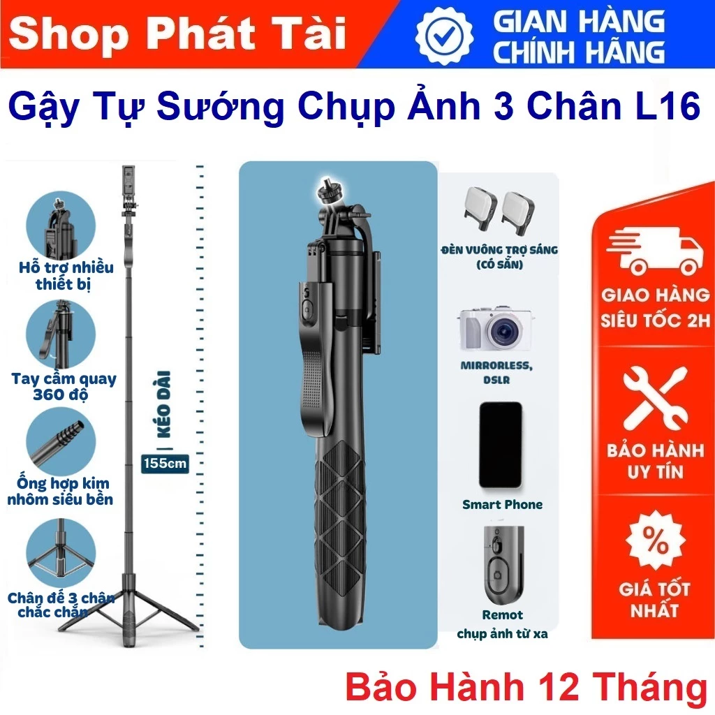 Gậy Chụp Ảnh Điện Thoại Xòe 3 Chân Có Đèn L16 - Kéo Cao 1m6, Quay Video, Quay TikTok, Giá Đỡ Điện thoại Chụp Hình