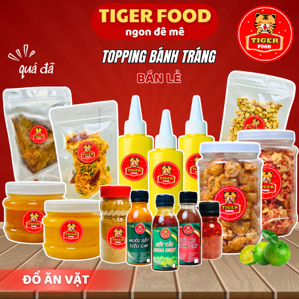 Topping tổng hợp bánh tráng siêu ngon TIGER FOOD Tóp mỡ,hành phi,khô gà,khô bò,sốt tắc,sốt me,bơ béo - Đồ ăn vặt Snack