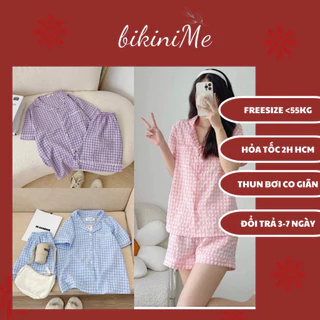 Đồ Bộ Mặc Nhà, Bộ Ngủ Nữ, Pijama Cộc Đùi Vải Thô Mềm Kẻ Caro Freesize Women