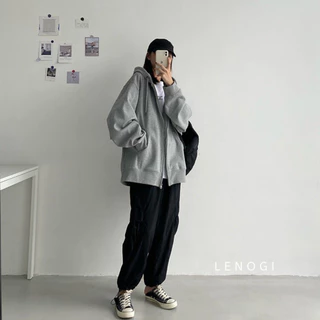 Áo khoác nỉ chân cua LENOGI áo hoodie zip có khóa keo form rộng rãi trùm mông