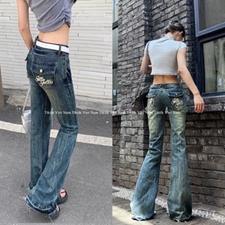 Quần jeans ống loe màu retro  gấu tua rua kết hợp túi có nắp thêu chữ JELLO JELLO phong cách cá tính QJOL006 - TIktik