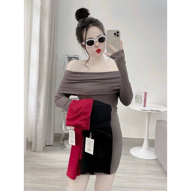 Áo thun trễ vai co dãn, váy dài tay trễ vai vải thun lạnh ôm body phong cách tiểu thư, áo nữ hở vai điệu đà Loga store