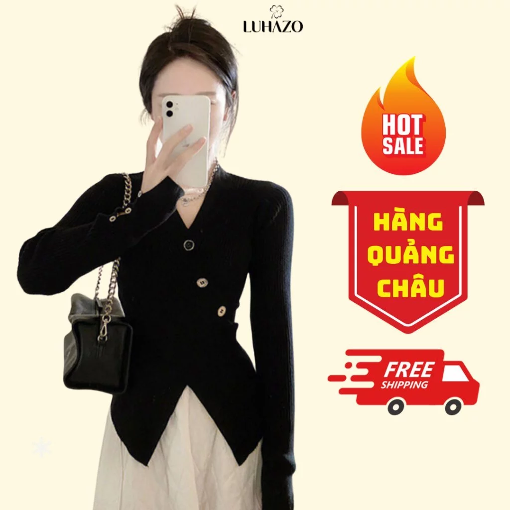 Áo len nữ LUHAZO xẻ tà tiểu thư đính cúc giữa dài tay cổ V sang chảnh co dãn thiết kế Hàn Quốc chất len mềm mịn M29 C2-4