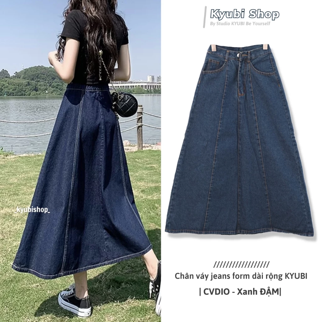 Chân váy jean dài Midi lưng cao ulzzang form dài rộng - Váy bò KYUBI CVDIO