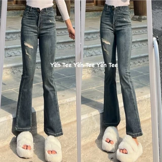 (Chất Đẹp ) Quần jeans ống loe rêu đá xước dùi Yến Tee,chất jeans cotton mềm,co dãn tốt