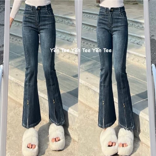 (Chất Đẹp ) Quần jeans ống loe xẻ lệch Yến Tee,Dáng loe ngắn dễ mặc