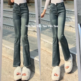 ( Màu Mới 2024 ) Quần jeans ống loe màu rêu đá bụi bặm xu hướng 2024, dáng ngắn dễ mặc