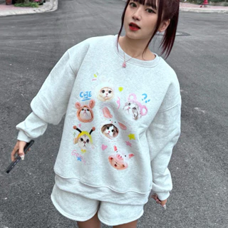 Áo sweater in NHIỀU MÈO nam nữ form rộng màu xám tiêu trơn basic tay bồng form rộng ulzzang