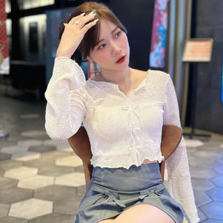 Áo thun lưới tay dài cổ V đính nơ phong cách Hàn Quốc mặc đi học đi chơi Samsu.clothing_saigon