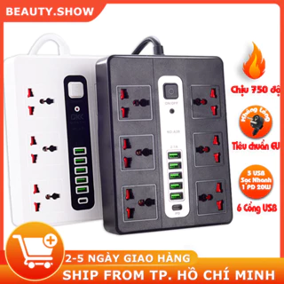 Ổ điện đa năng chính hãng 3 cổng USB 15v sạc nhanh, 1 type c, chống cháy, ổ chịu tải 2500W, chất liệu nhựa pp