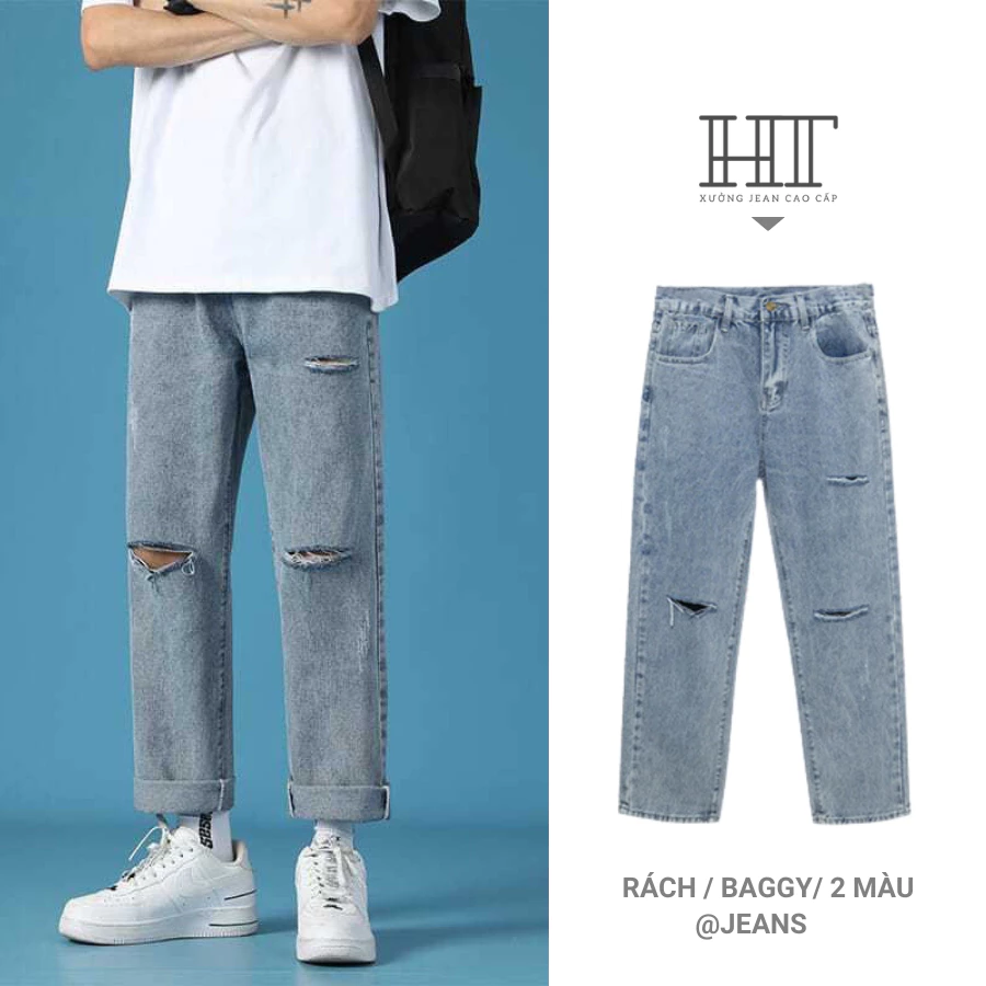 Quần Jean Baggy Nam Rách Gối HT Store, Quần Jean Nam Ống Rộng Dáng Suông Xu Hướng 2023