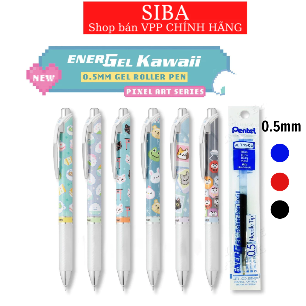 Bút gel Pentel energel Kawaii BLN75KW/ viết bi Needle Tip ngòi 0.5mm mực xanh, ruột thay thế