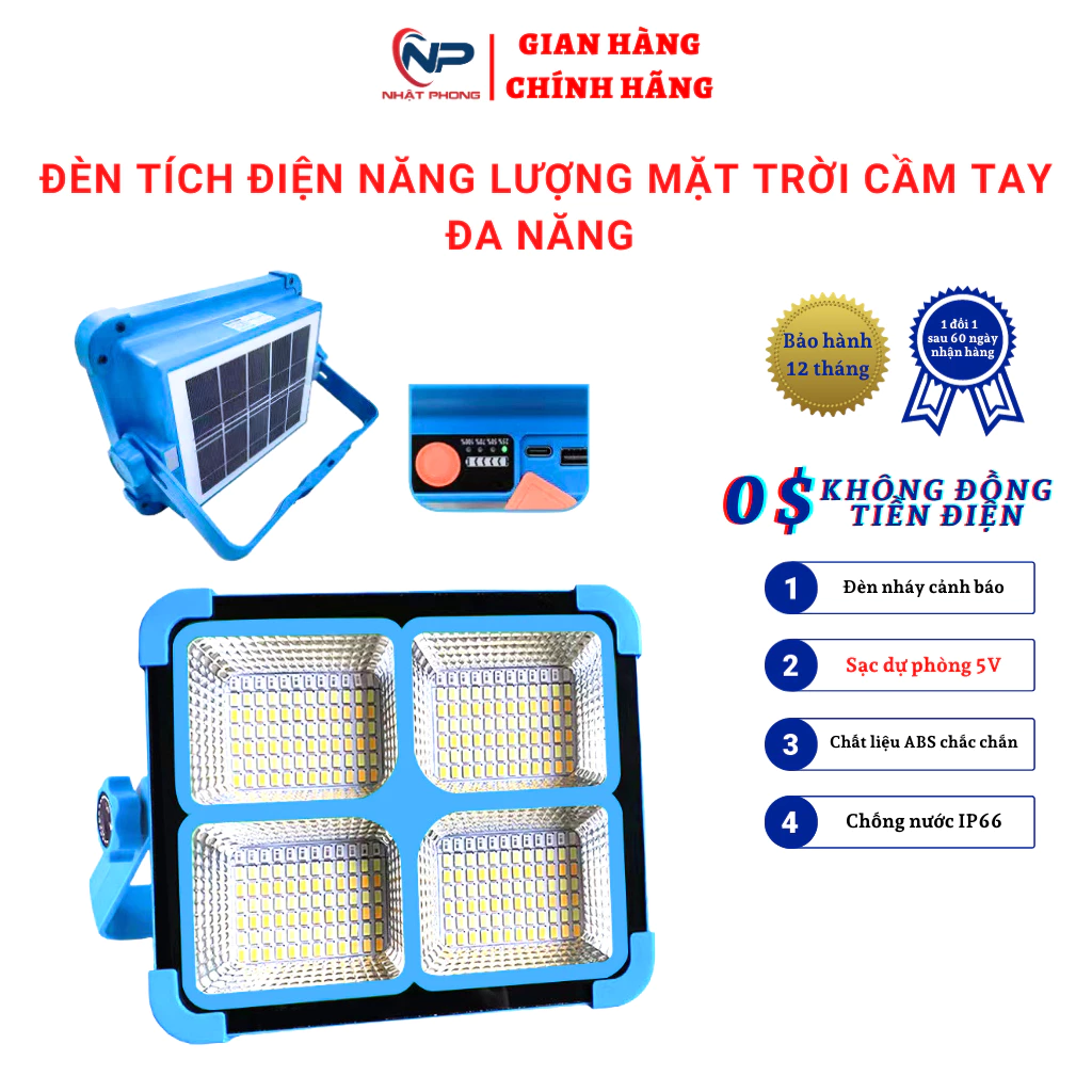 Đèn tích điện năng lượng mặt trời cầm tay đa năng 100W, tấm pin tháo rời dây dài 4m,3 chế độ sáng,có sạc dự phòng 5V...