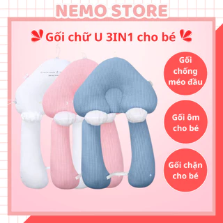 Gối chữ U cho bé sơ sinh chống giật mình NEMO STORE Gối chống bẹp đầu có dây rút điều chỉnh 3 đầu giúp bé ngủ