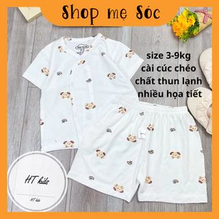 Bộ quần áo CỘC TAY CÀI CHÉO chất thun lạnh họa tiết thú đáng yêu cho bé trai bé gái 3-9kg mesocshop