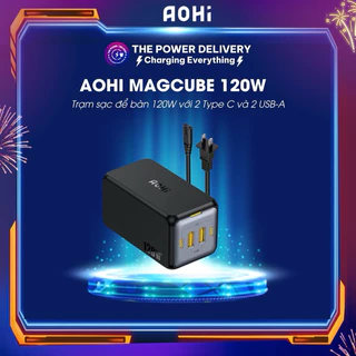 Trạm sạc để bàn AOHI Magcube 120W 4 cổng GaN+ siêu nhỏ gọn tiện lợi với 2 Type C và 2 USB A Bảo hành 6 tháng