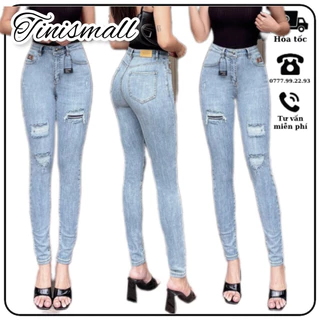 Quần Jean nữ skinny lưng siêu cao, rách gối và co giãn, dài quần 96-98cm