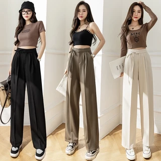 Quần ống rộng nữ lưng cao thắt dây nơ 1 bên culottes ống suông dài