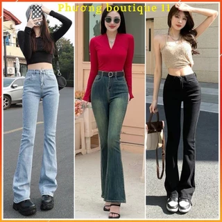 Quần bò jean nữ ống loe đứng rộng suông co giãn jeans cạp cao cao cấp Hottrend