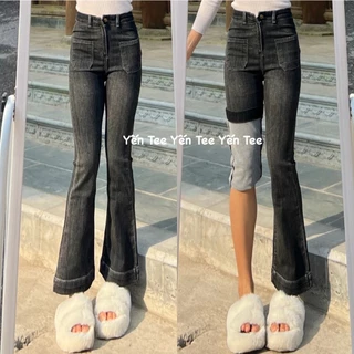 Quần jeans ống loe 2 túi trước màu khói Yến Tee, thiết kế gấu to 4cm,quần đi học