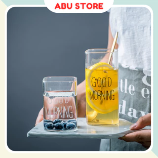 Cốc thủy tinh vuông Good Morning 400ml chịu nhiệt Ly thủy tinh uống trà cafe sữa giá rẻ decor đẹp.