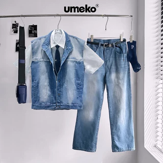 UMEKO Set WAVY Denim Unisex Gồm Áo Khoác Gile Màu Xanh Wash Phối Khoá Kéo Và Quần Jean Ống Rộng Cùng Tone Thời Trang Y2K