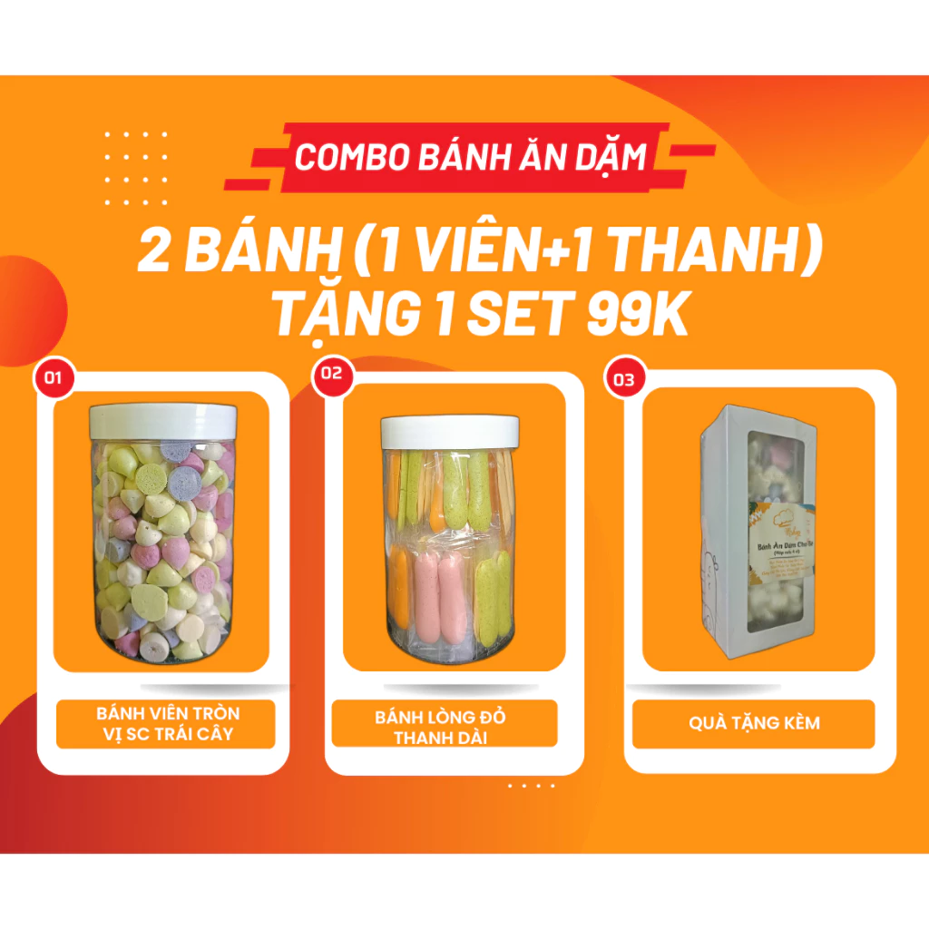 [MUA 2 TẶNG 1] Combo 2 bánh ăn dặm (lòng đỏ thanh+viên trái cây)TẶNG 1 SET DÙNG THỬ Bánh ăn dặm handmade cho bé