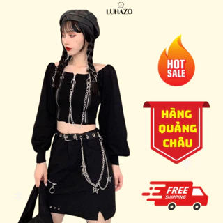 Áo croptop dài tay trễ vai hở vai sexy dáng ngắn LUHAZO phong cách cá tính Hàn Quốc phối dây xích nổi bật M183 K2-10