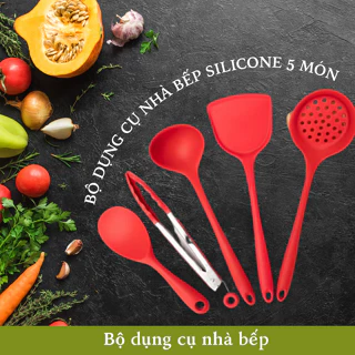 Bộ dụng cụ nhà bếp silicone 5 món, bộ dụng cụ nấu ăn chịu nhiệt cao và dễ dàng vệ sinh