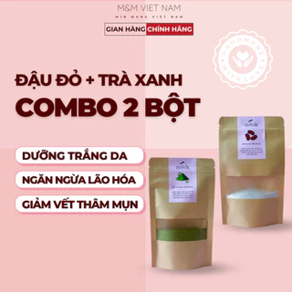 Combo Bột Trà Xanh + Bột Đậu Đỏ Đắp Mặt, Tắm Trắng, Nguyên Chất, Hữu Cơ, Handmade, Trắng Da, Mờ Thâm Sạm