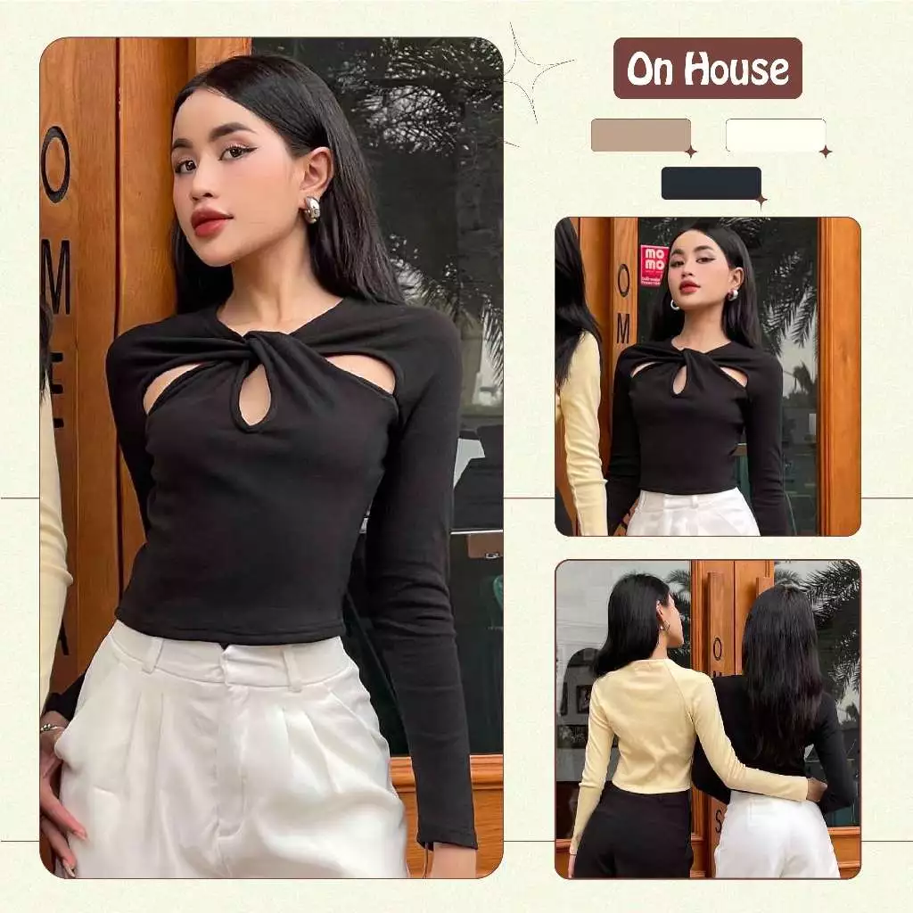 Áo thun dài tay khoét giọt nước ON House thời trang thiết kế chất thun gân dày dặn tôn dáng phong cách thanh lịch  CR121