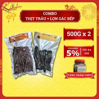 Combo Thịt trâu gác bếp 500 gram, Thịt lợn gác bếp 500 gram Đậu Food ngon chuẩn vị Tây Bắc