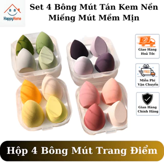 Hộp 4 bông mút trang điểm hình trứng, miếng mút trang điểm tán kem nền chuyên nghiệp tiện dụng