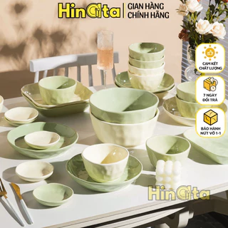 Set bát đĩa sứ xanh be HINATA bát ô tô đựng canh bộ chén dĩa bát ăn cơm đĩa sứ sang trọng, Bảo hành 1-1