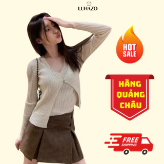 Áo len cổ yếm LUHAZO cổ V xinh xắn cá tính thiết kế cardigan 2 lớp dài tay chất dệt kim Quảng Châu M436 E-3