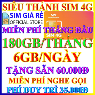 Sim 4G Vietnamobile Miễn Phí 180GB/Tháng, Tặng 60.000đ, Miễn Phí Tháng Đầu Tiên, Free Gọi Nội Mạng