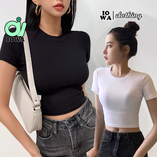 Áo Croptop TAY NGẮN CỔ TRÒN TRƠN Chất Thun Gân Kiểu Trơn Sexy, Áo Thun Nữ Ôm Body Đẹp Tôn Dáng IOWA