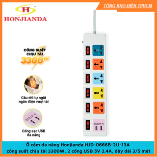 Ổ cắm đa năng Honjianda HJD-0666B-2U-13A công suất chịu tải 3300W, 2 cổng USB 5V 2.4A, dây dài 3/5 mét