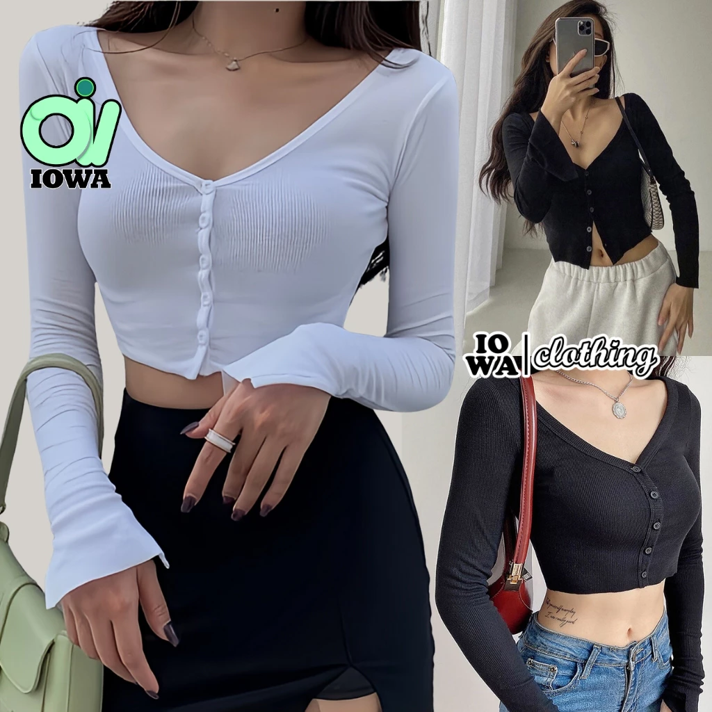 Áo Croptop TAY DÀI CỔ TIM CÀI NÚT Chất Thun Borip Kiểu Trơn Sexy, Áo Thun Nữ Ôm Body Đẹp Tôn Dáng IOWA